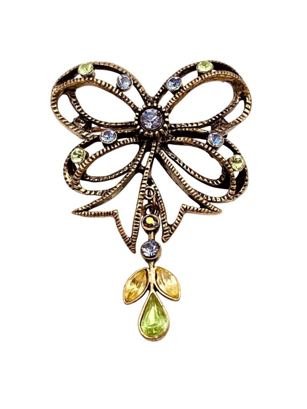 Vintage BOHO Bow Brooch Spring Green Purple Crystal Angel Fairy Whimsygoth 1960s
